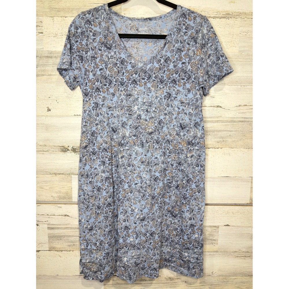 Pure Jill T-Shirt Dress Women XS Blue Floral V-Neck Cotton Lagenlook EUC